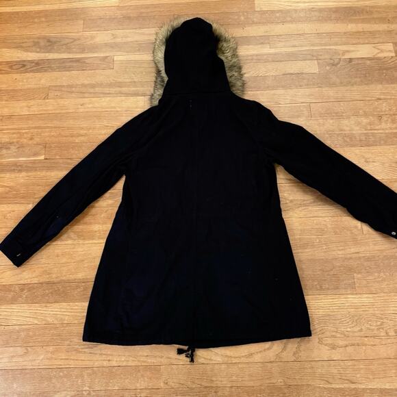 Relativity black lightweight coat with faux fur trimmed hood size large L
 b8 - Picture 7 of 7